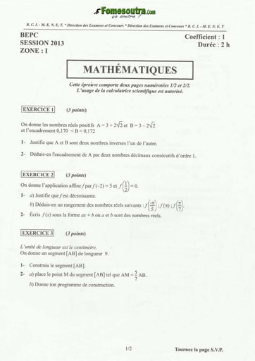 Sujet de mathématique BEPC 2013 Zone 1