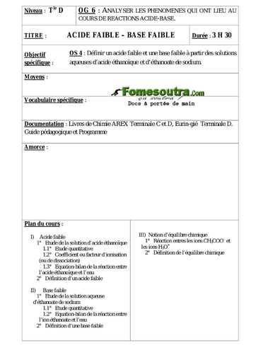 Acide faible - Base faible - Cours Chimie Terminale D