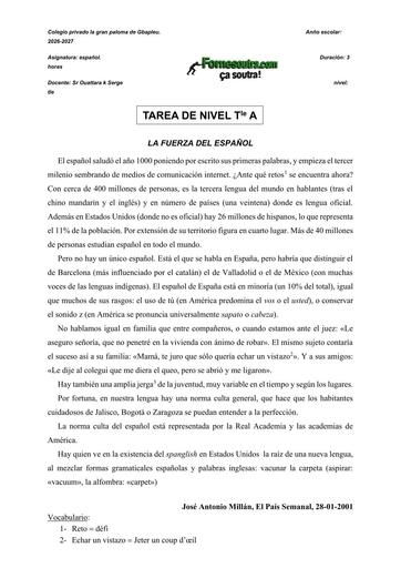 DEVOIR D'ESPAGNOL NIVEAU Tle LA FUERZA DEL ESP BY TEHUA