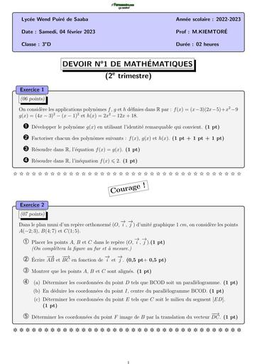 DEVOIR DE MATHS 3ème   D1T2   2023   Lycée Wend Puiré de Saaba by TEHUA