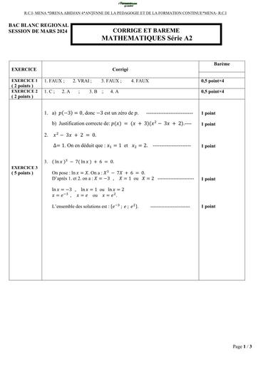 BAC BLANC 2024 SUJET DE MATHS SERIE A2 DRENA ABIDJAN 4 BAREME BY TEHUA