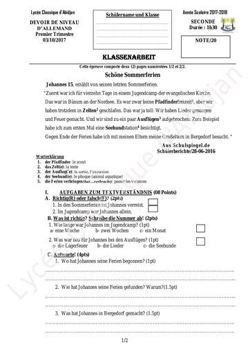 Devoir Allemand Niveau Seconde