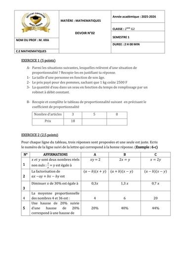 DEVOIR de Maths 2nde G2 ST JO semestre 1 By Tehua
