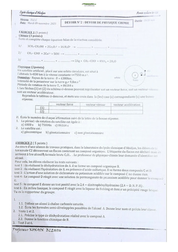 Sujets de Physique-Chimie Terminale C Lycée Classique 2022