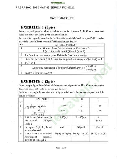 PREPA BAC 2025 MATHS SERIE A SUJET 22 BY TEHUA