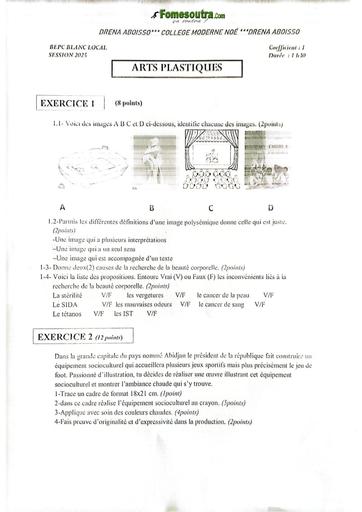 EXAMEN BLANC INTERNE ABOISSO NOE BEPC ARTS PLASTIQUES 3ièmeSUJET BY TEHUA