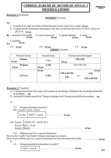 Corrigé et Barème Devoir DE PC NIVEAU 3ieme LM2 BY TEHUA