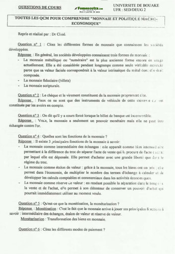 Questions-Réponses (2) Monnaie et Politique Microéconomique - DEUG II - UFR SED - Université de Bouaké