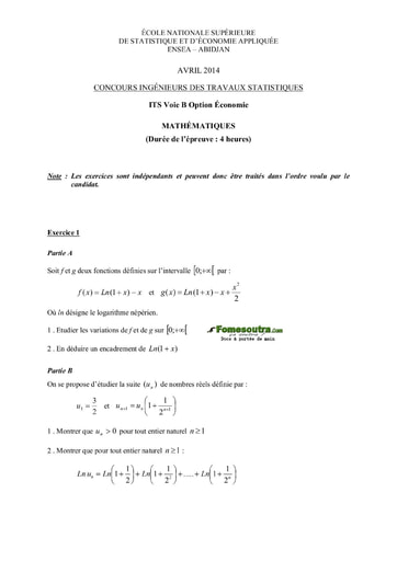 Sujet de Maths ITS B option Economie 2014 (ENSEA)