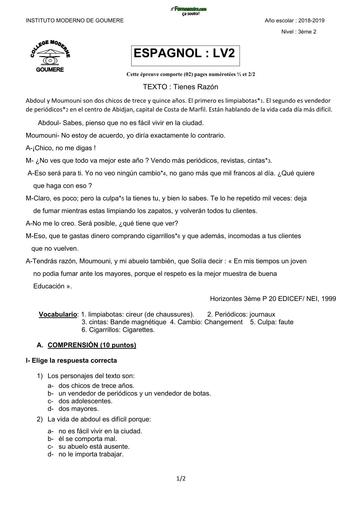 DEVOIR D'ESPAGNOL NIVEAU 3ième 2019 DREN GOUMERE by TEHUA