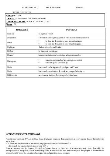 FICHE DE COURS PC 2nde C L4 IONS ET MOLECULES by TEHUA