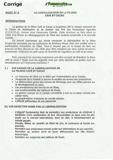 Sujet Corrigé de Dissertation: La libéralisation de la filière café et cacao