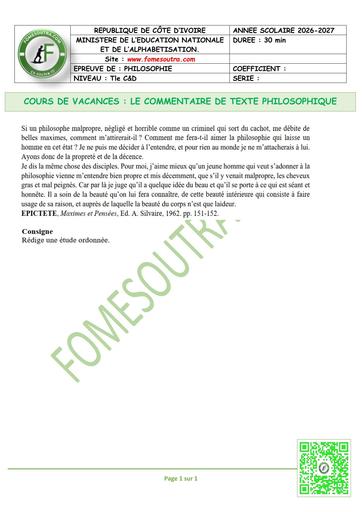 FICHE 2 PHILOSOPHIE Tle C&D COMMENTAIRE PHILOSOPHIQUE by TEHUA