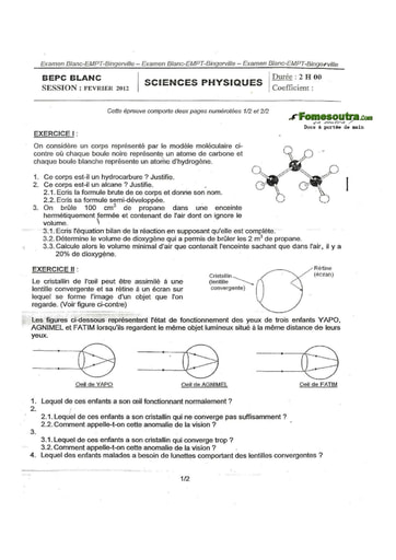 Sujet corrigé de Physique Chimie BEPC blanc 2012 EMPT Bingerville