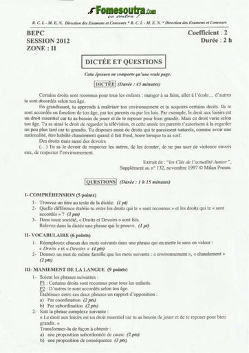 Sujet de dictée et questions BEPC 2012 Zone 2