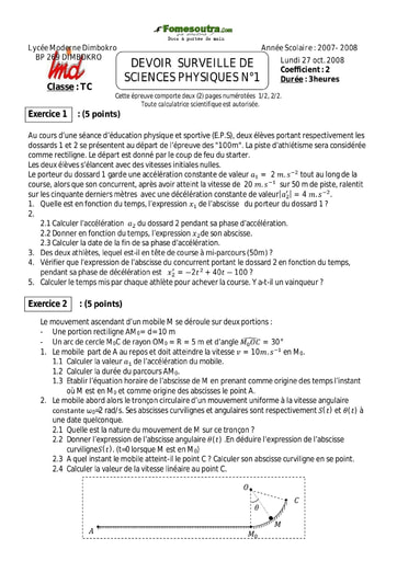 Devoir (1) de Physique niveau Terminale C