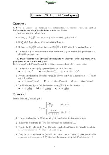 DEVOIR DE MATHS Tle D N°3 Etude de fonction by TEHUA