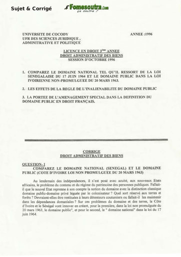 Sujet et corrigé de l'épreuve de Droit Administratif des Biens - Octobre 1996