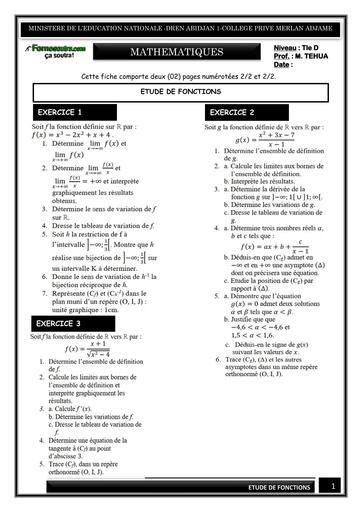 FICHE DE TRAVAUX DIRIGES Tle D MATHS  ETUDE DE FONCTIONS BY TEHUA