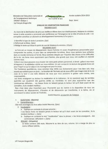 Sujet de Français BEPC blanc 2015 - Unité Pédagogique de Bingerville