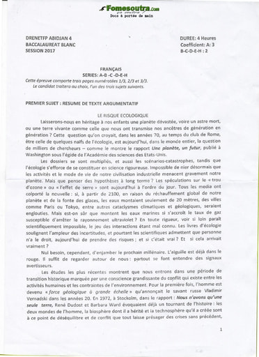 Sujet de Français  BAC blanc régional 2017 Abidjan 4 séries A-B-C-D-E-H