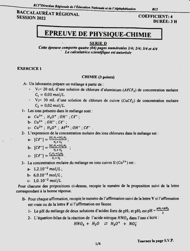 BAC RÉGIONAL ABIDJAN 3 PC TLE D 21 22(+corrigé)