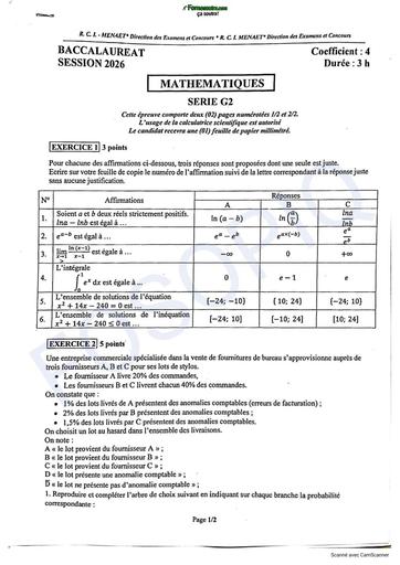 BAC 2026 Maths série G2 sujet+ barème Ci By TEHUA