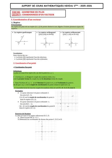 3 SUPPORT DE COURS MATHS 3ième LEÇON 9 COORDONNEES D’UN VECTEUR