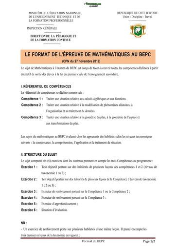 Format de l'épreuve du BEPC en maths