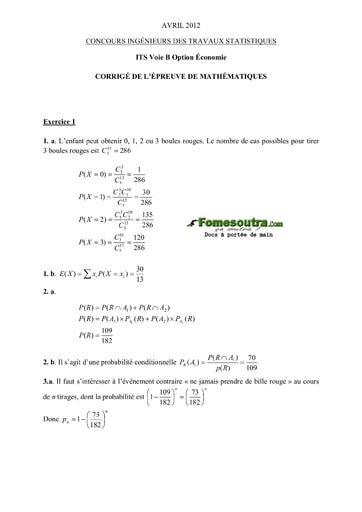 Corrigé Maths ITS B option Economie 2012 (ENSEA)