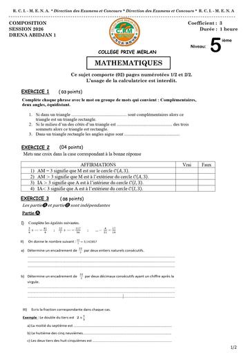 FICHE DE COMPOSITION MATHS NIVEAU 5ième MERLAN MARS 2025 sujet rectifié by TEHUA