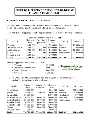 Sujet corrigé de Fiscalité BTS Finances Comptabilité et Gestion d’Entreprises 2010