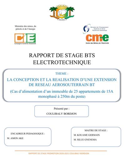Rapport de stage BTS Électrotechnique: LA CONCEPTION ET LA REALISATION D’UNE EXTENSION DE RESEAU AEROSOUTERRAIN BT