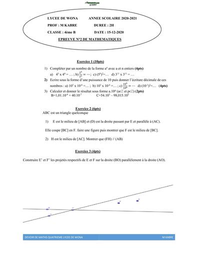 DEVOIR de maths 4ième wona N2 by TEHUA
