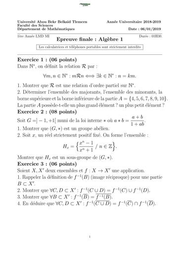 Examen5 Algèbre 1 MI L1 Tlemcen by TEHUA