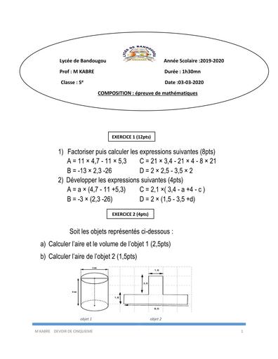 DEVOIR DE MATHS 5ème 2020 KABRE LYCÉE BANDOUGOU BY TEHUA
