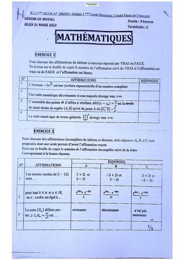 Sujets de Mathématique série C Lycée Classique d'Abidjan  2023