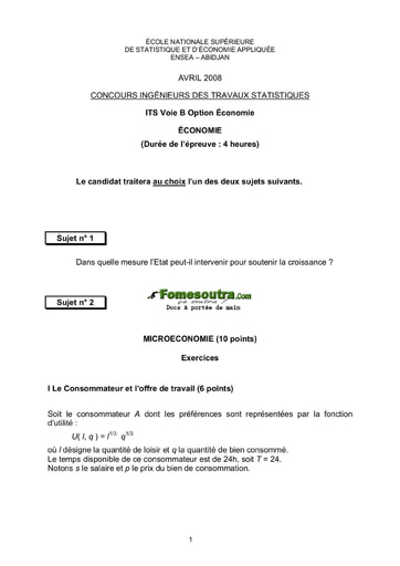 Sujet d'Economie ITS B option Economie 2008 (ENSEA)