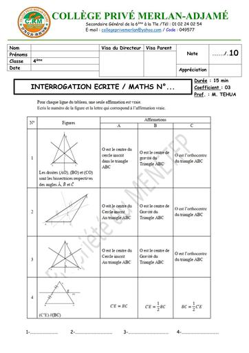 INTERROGATION ECRITE MATHS Niveau 4ième  CERCLE ET TRIANGLE du 13 Février 2026 by TEHUA