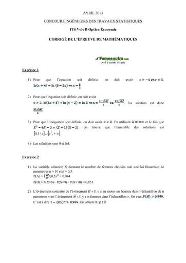Corrigé Maths ITS B option Economie 2013 (ENSEA)