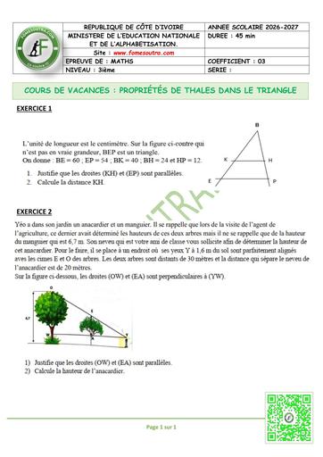 FICHE 3 MATHS 3ième L2 PROPRIÉTÉS DE THALES DANS LE TRIANGLE by TEHUA