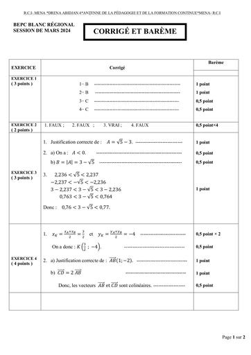 Barème Bepc blanc 2024 dren Abidjan 4 MATHS by Tehua