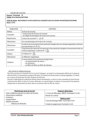 FICHE DE COURS PHYSIQUE Tle D L6 MOUVEMENT DANS UN CHAMP