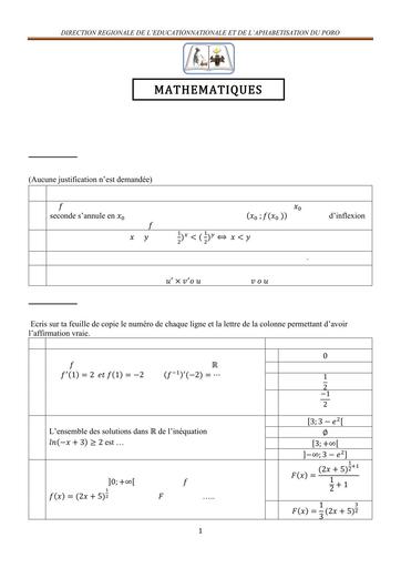 BAC BLANC REGIONAL KORHOGO 2025 MATHS SERIE D sujet BY TEHUA