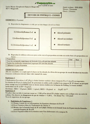 Devoir de Physique-Chimie niveau Terminale D année scolaire 2021-2022 - Lycée Mamie Faitai de Bingerville