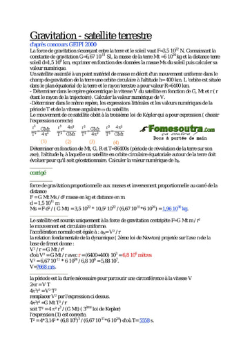 Sujet corrigé (5) de Physique portant sur l'interaction gravitationnelle Terminale C et E