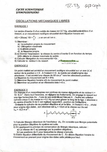 TD OSCILLATIONS MÉCANIQUES LIBRES LYCEE SCIENTIFIQUE YAMOUSSOUKRO