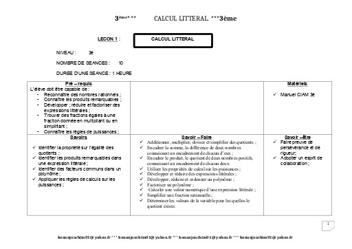 Fiche de cours Maths 3ième Leçon 1 Calcul Littéral by TEHUA