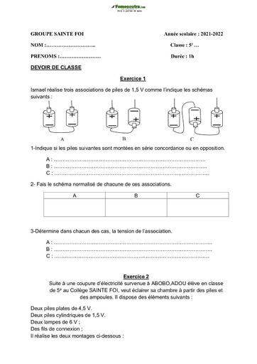 Devoir de classe Niveau 5è Physique-Chimie