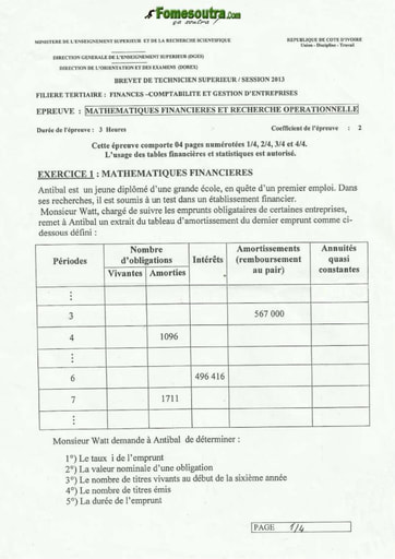 Sujet Mathématiques Financières et Recherche Opérationnelle BTS 2013